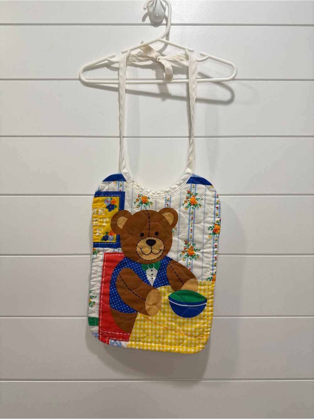 Vintage Kids Bear Bib - Yellow Patchwork Cotton Bib for Toddlers